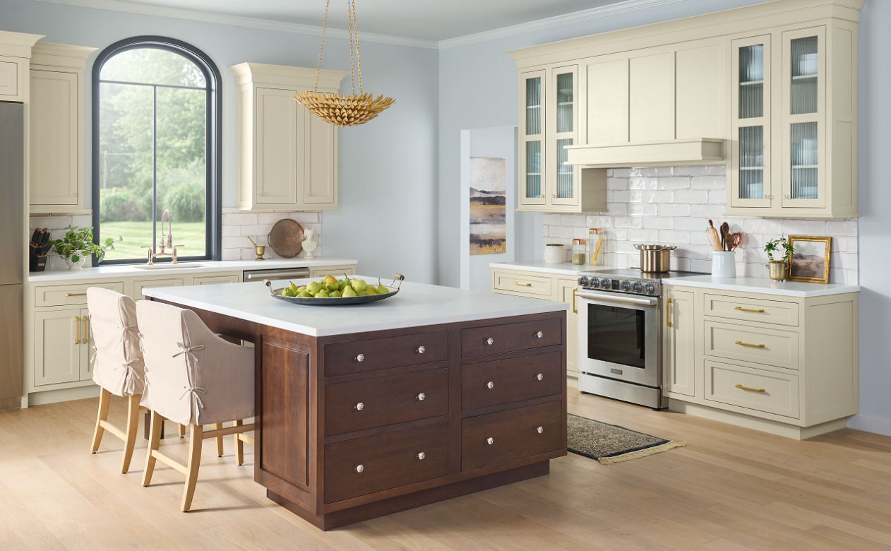 Kitchen with wood island and storage