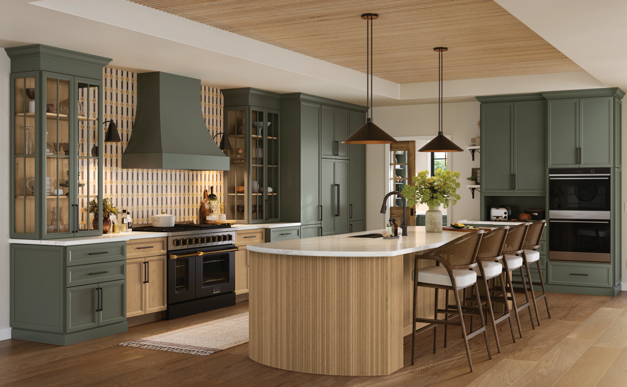 Kitchen with wood island and storage