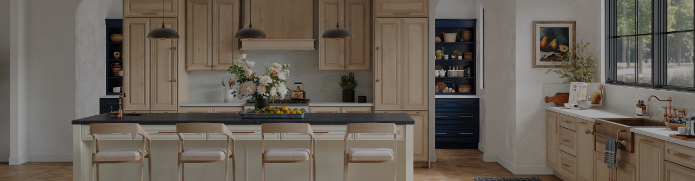 Dream Kitchen with wood cabinets and black countertops